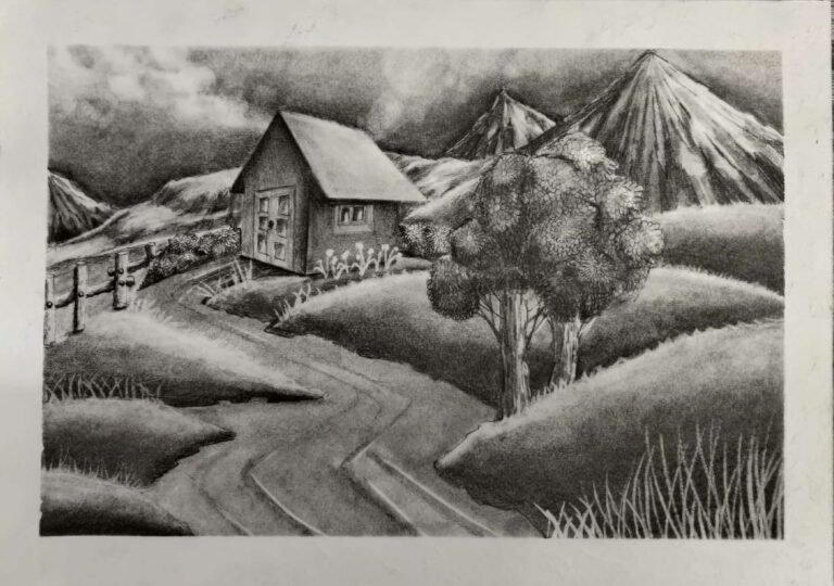 Graphite Pencil Scenery by 7 years old student Shanky Studio imagination without reference picture